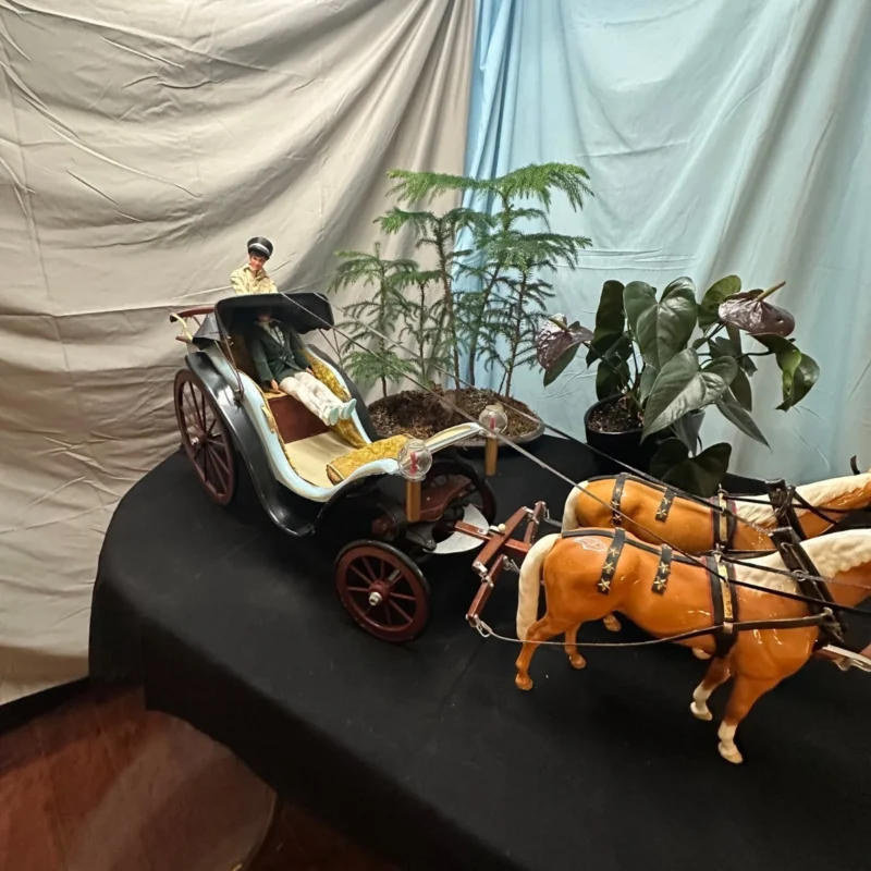 2 beswick horses and horse drawn surrey wagon with fringe top by john l black