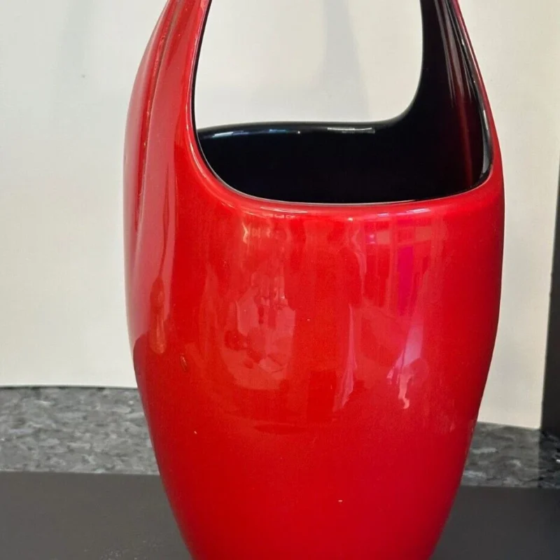 murano art glass vase attributed to fratelli toso red & black 14” mid century