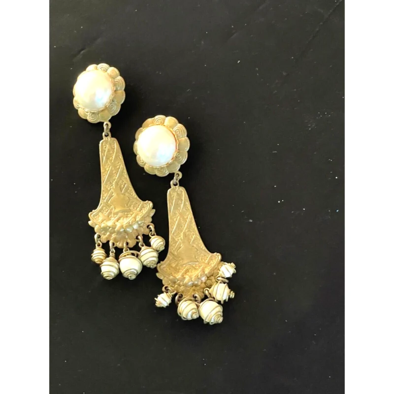 rare pearl and gold earrings – dangling clip on elegant jewelry