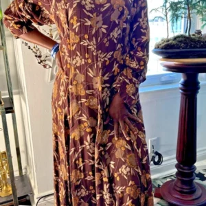 vintage casual light brown with reddish flowers long dress xl